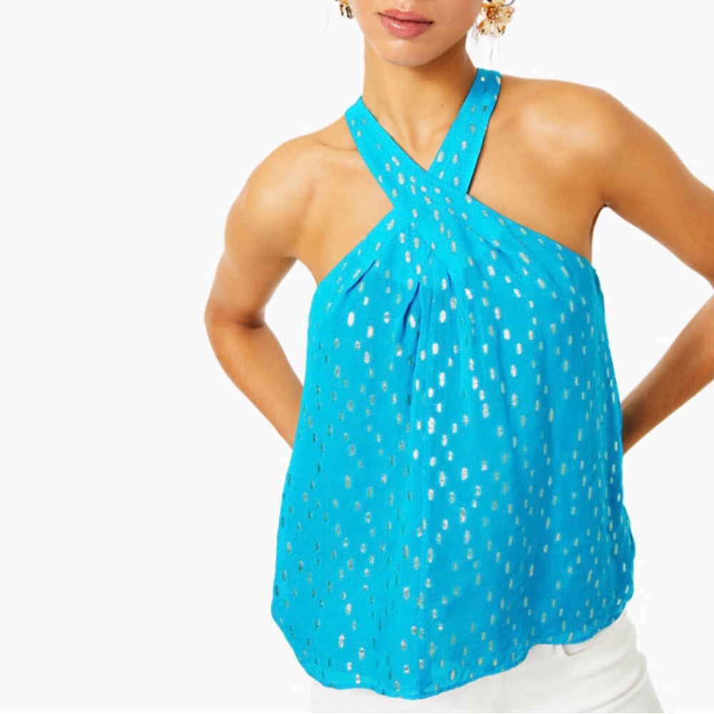 Lilly Pulitzer- Rori Halter Top, “Cumulus Blue Viscose Metallic Clip Dobby”, L